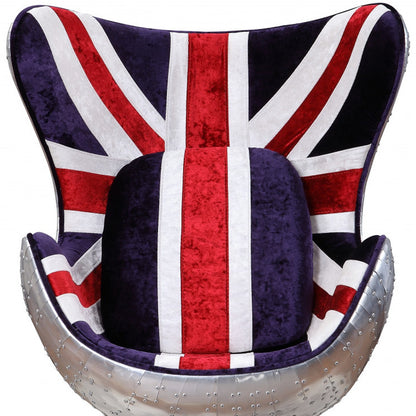 33" Red White and Blue Velvet And Silver Great Britain Flag Swivel Lounge Chair