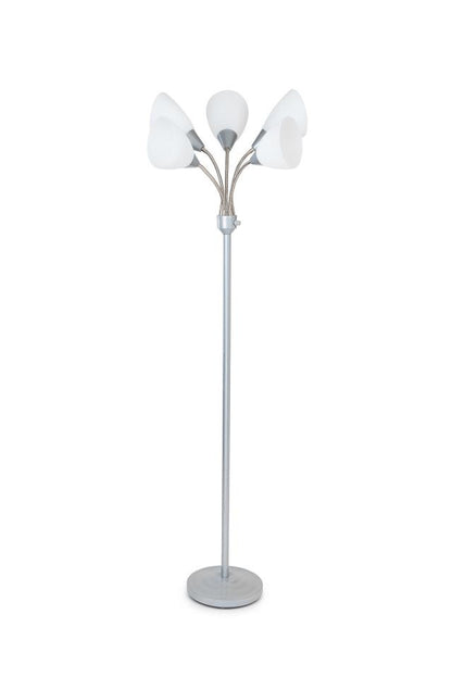 60" Grey Resin Five Arm Floor Lamp With White Cone Shades