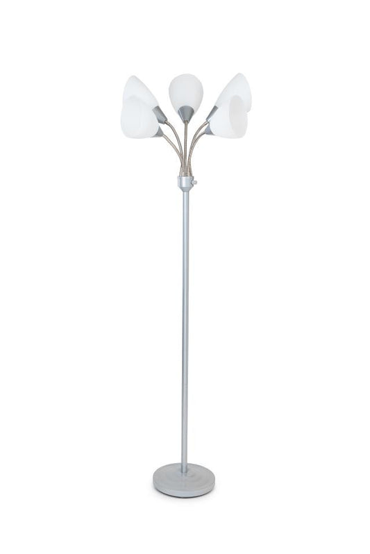 60" Grey Resin Five Arm Floor Lamp With White Cone Shades
