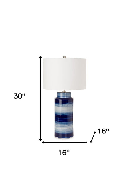 Set of Two 30" Blue And White Swirl Ceramic Table Lamps With White Shade