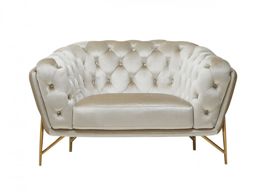 49" Beige And Gold Velvet Tufted Chesterfield Chair