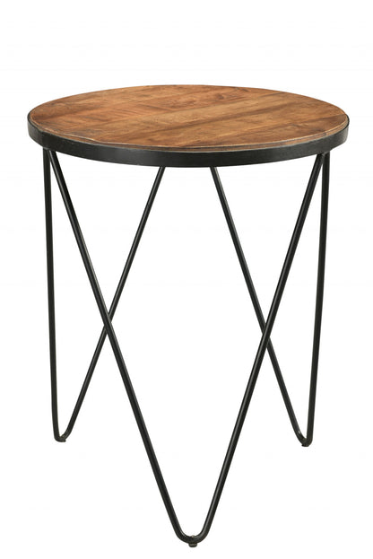 24" Black And Natural Brown Solid Wood And Iron Round End Table
