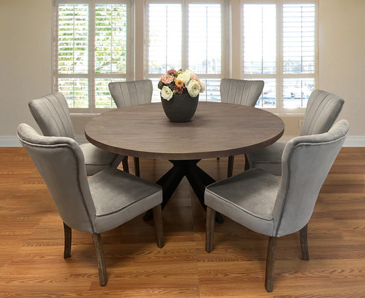 72" Gray Beige And Black Solid Wood And Iron Round Dining Table