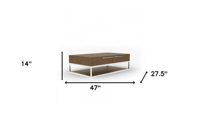 47" Silver And Walnut Rectangular Coffee Table With Two Drawers And Shelf