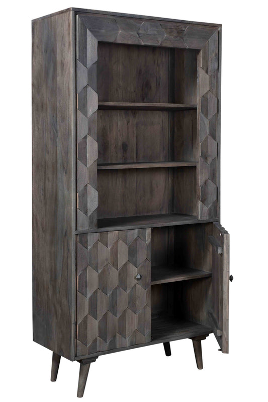 70" Dark Gray Distressed Solid Wood Three Tier Two Door Bookcase