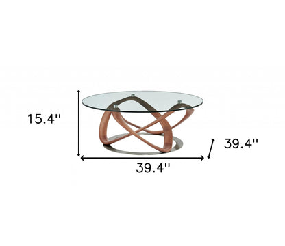 39" Walnut And Clear Glass Abstract Round Coffee Table