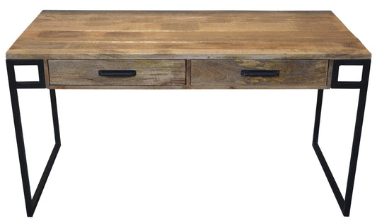 60" Natural And Black Mango Solid Wood Writing Desk With Two Drawers