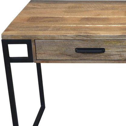 60" Natural And Black Mango Solid Wood Writing Desk With Two Drawers