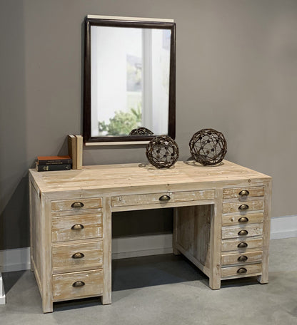 63" Dark Brown Pine Solid Wood Credenza Desk With Twelve Drawers