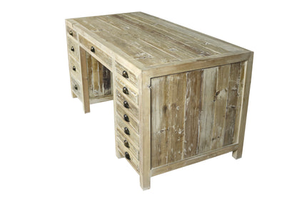 63" Dark Brown Pine Solid Wood Credenza Desk With Twelve Drawers