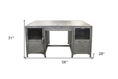 56" Gray Metal Computer Desk With Three Drawers