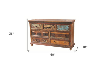 60" Brown Solid Wood Seven Drawer Triple Dresser