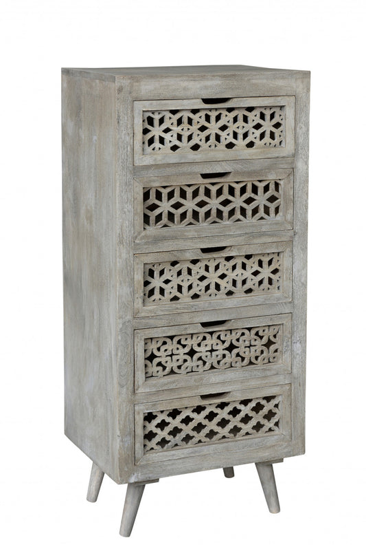Halle 5-Drawer Hand-Carved Tall Chest in Gray