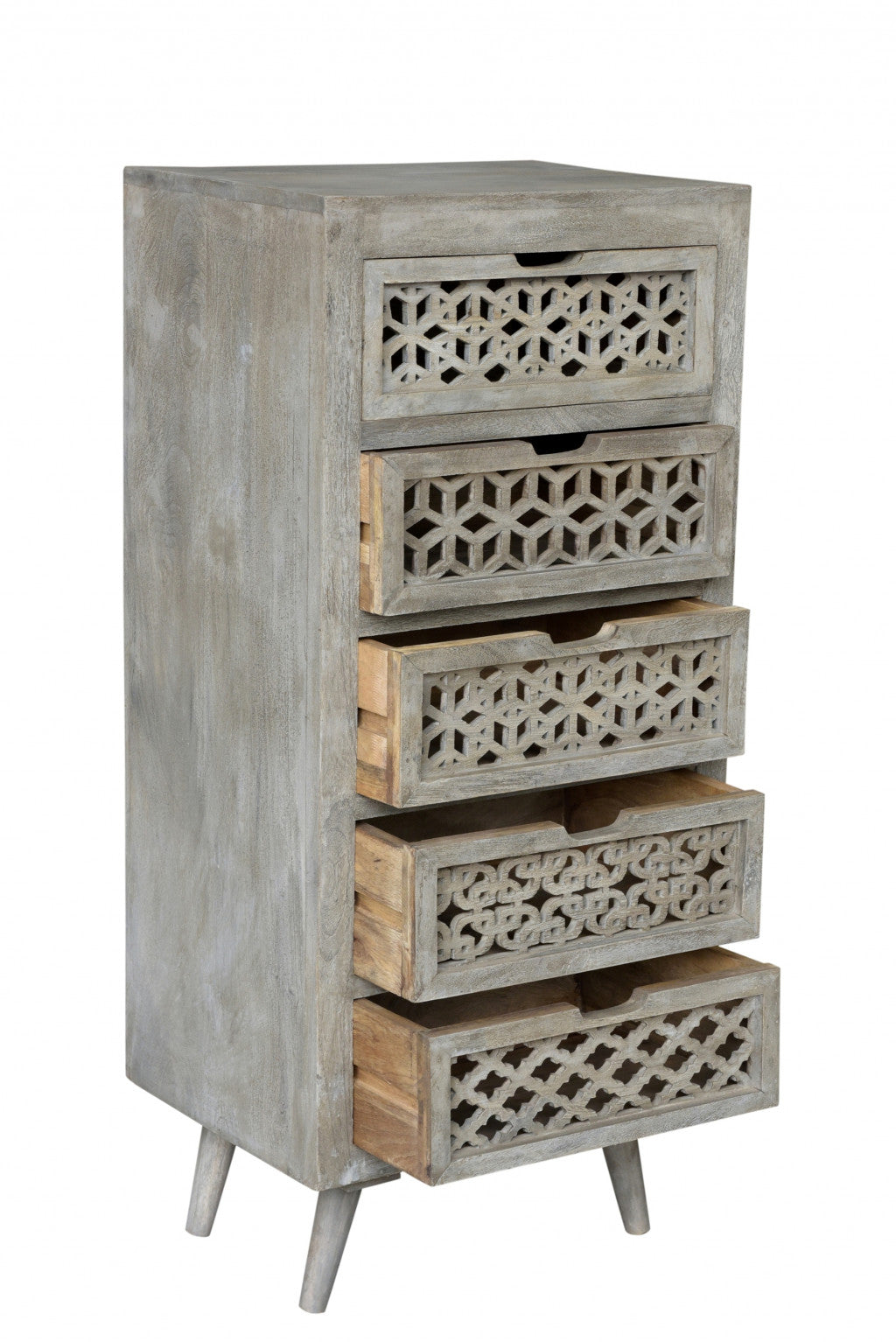 Halle 5-Drawer Hand-Carved Tall Chest in Gray