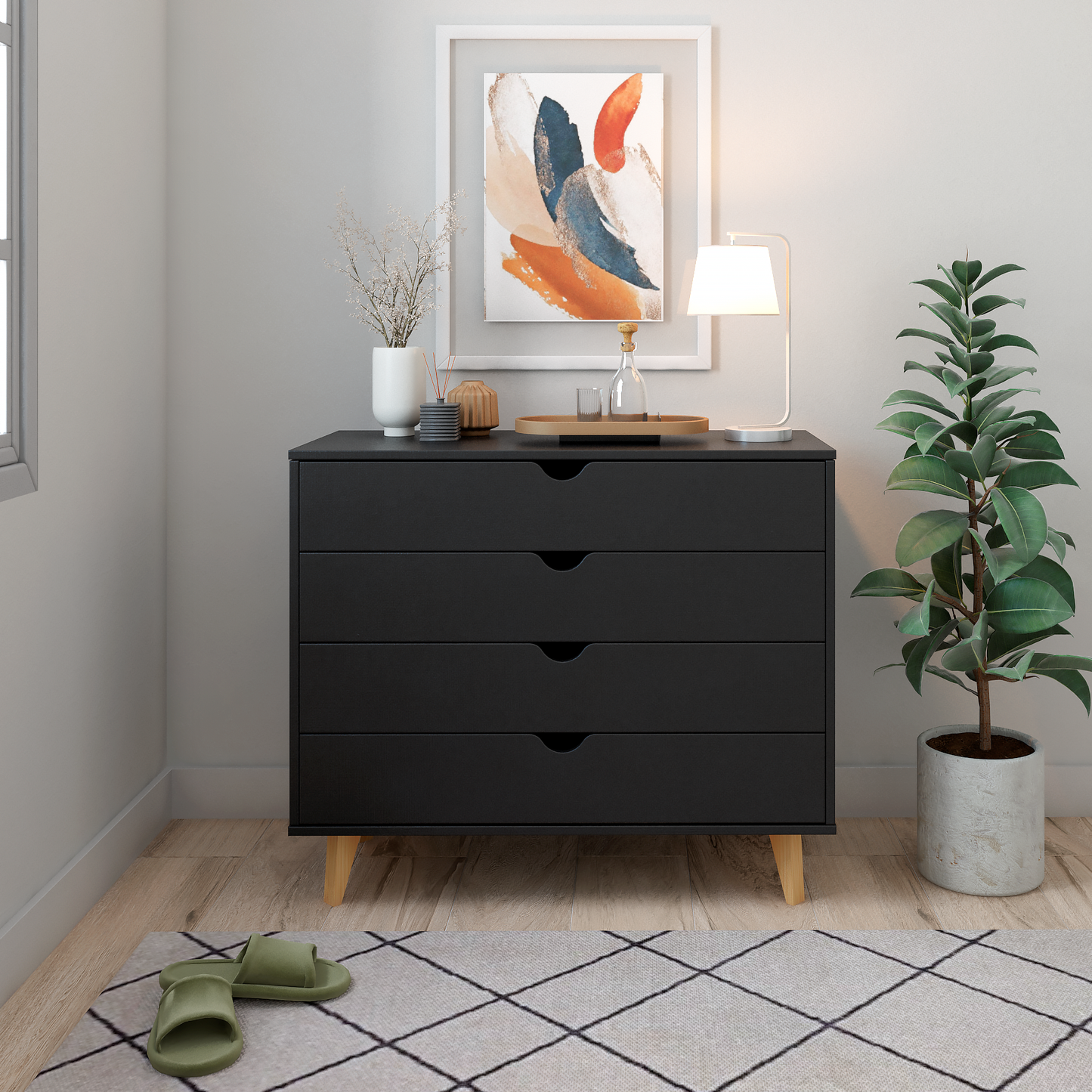 35" Black Solid Wood Four Drawer Dresser