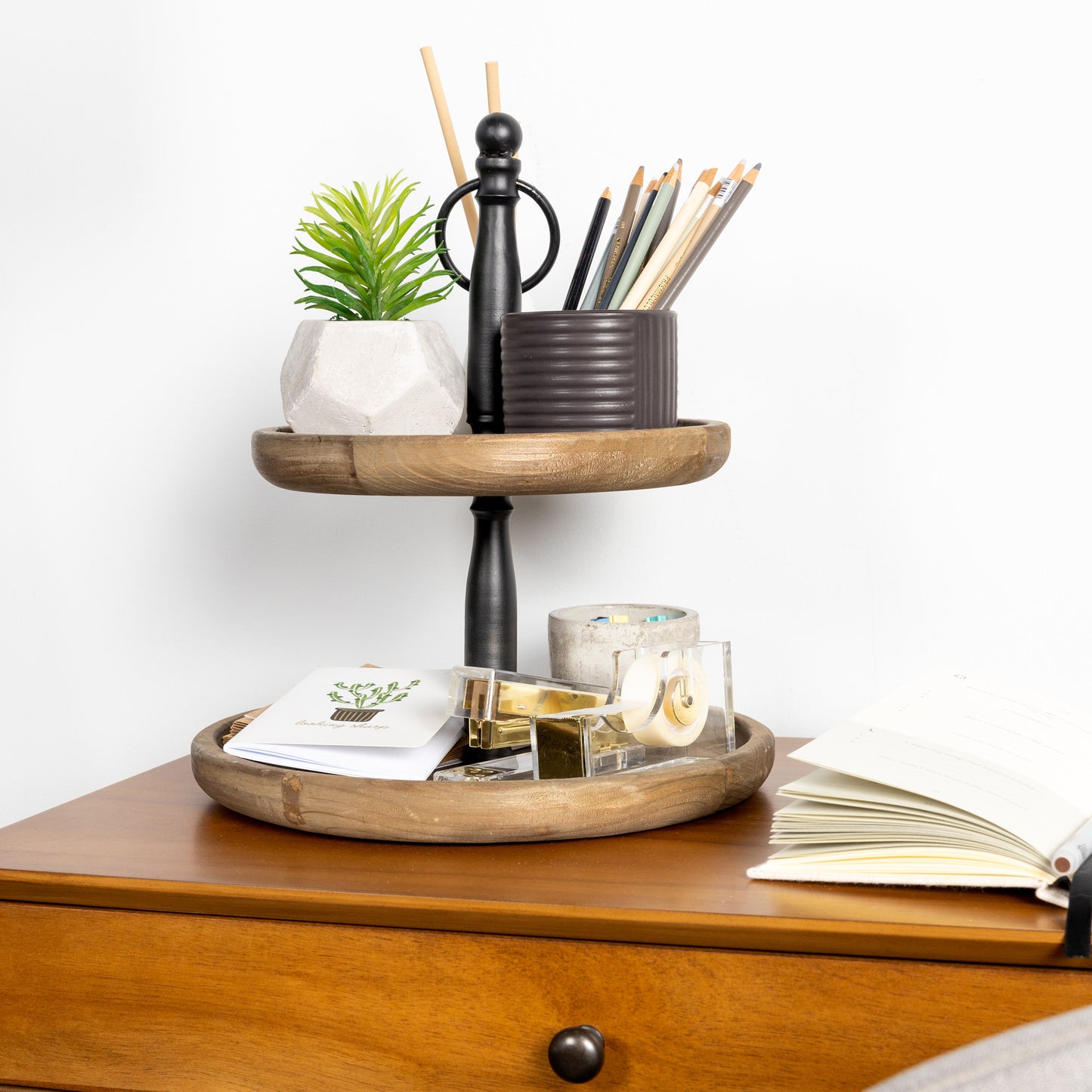 12" Dark Natural Wood Round Two Tier Solid Wood Tray