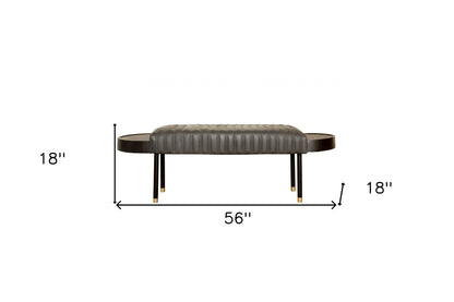 56" Gray And Brown Leather Upholstered Bench