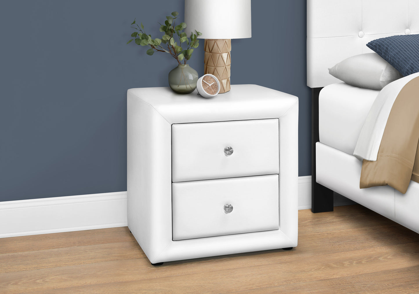 21" White Faux Leather Two Drawer Nightstand