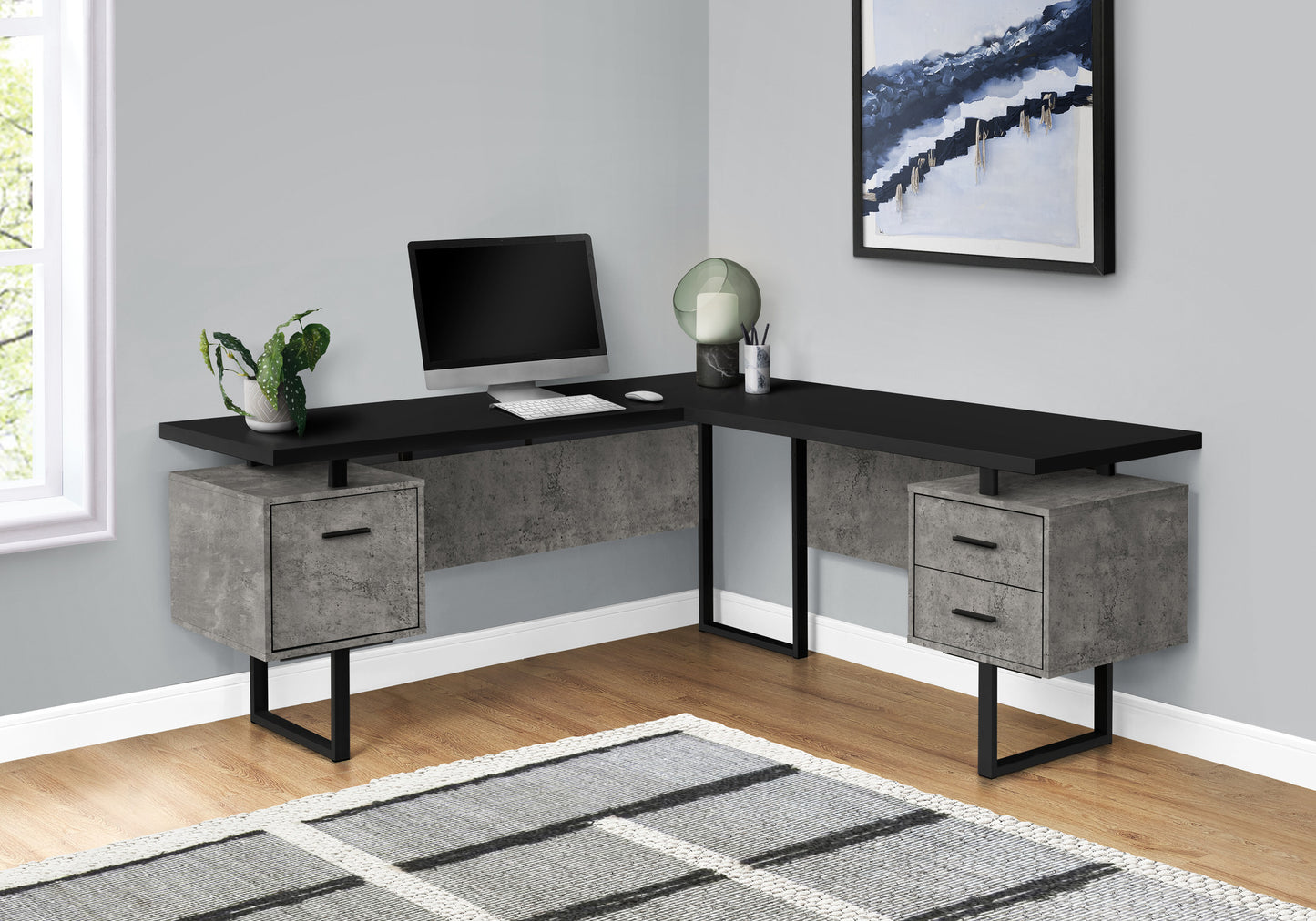 71" Black and Gray Faux L Shape Computer Desk