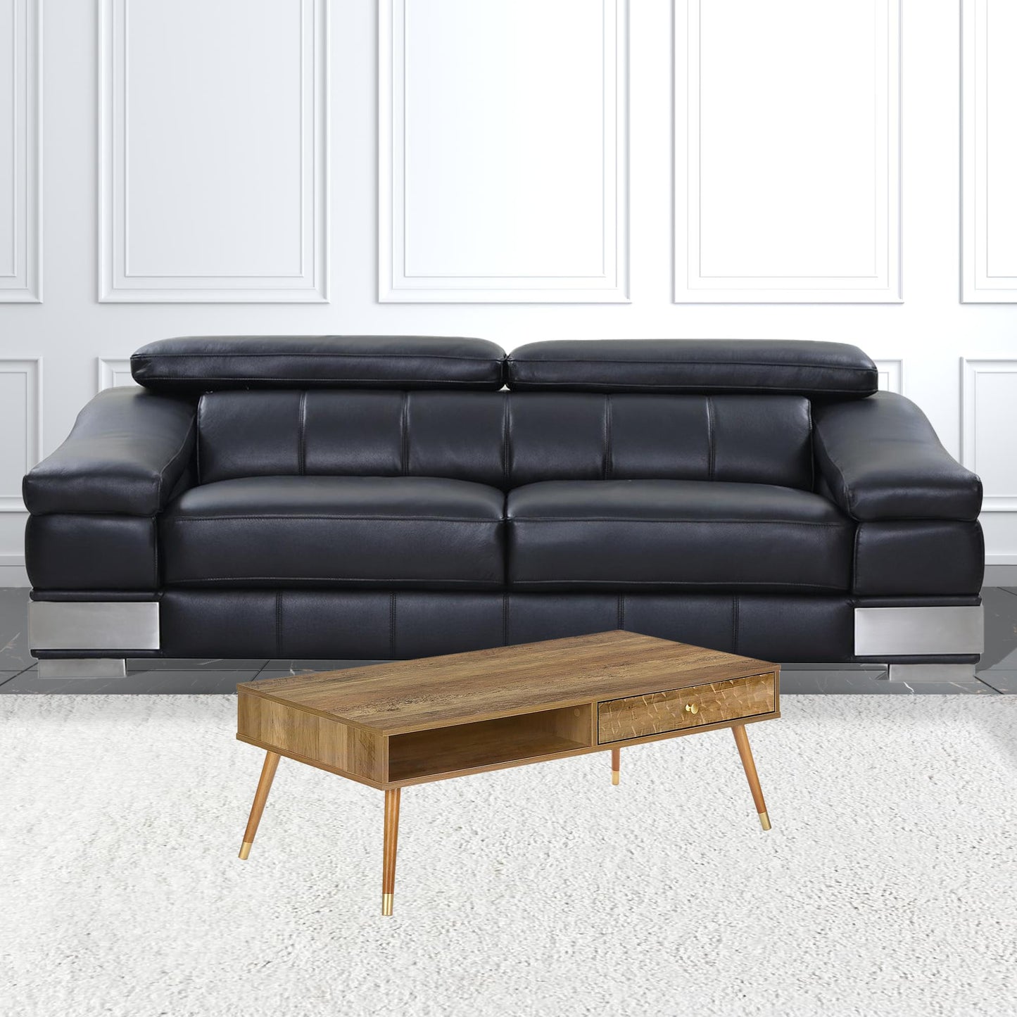 44" Walnut Rectangular Coffee Table With Drawer And Shelf