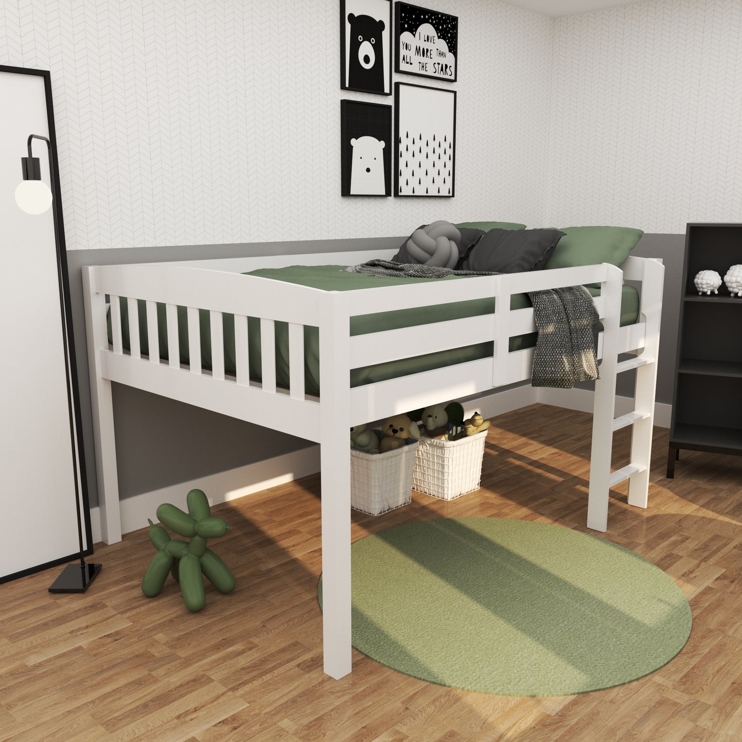 White Solid Wood Full Double Size Low Loft Bed
