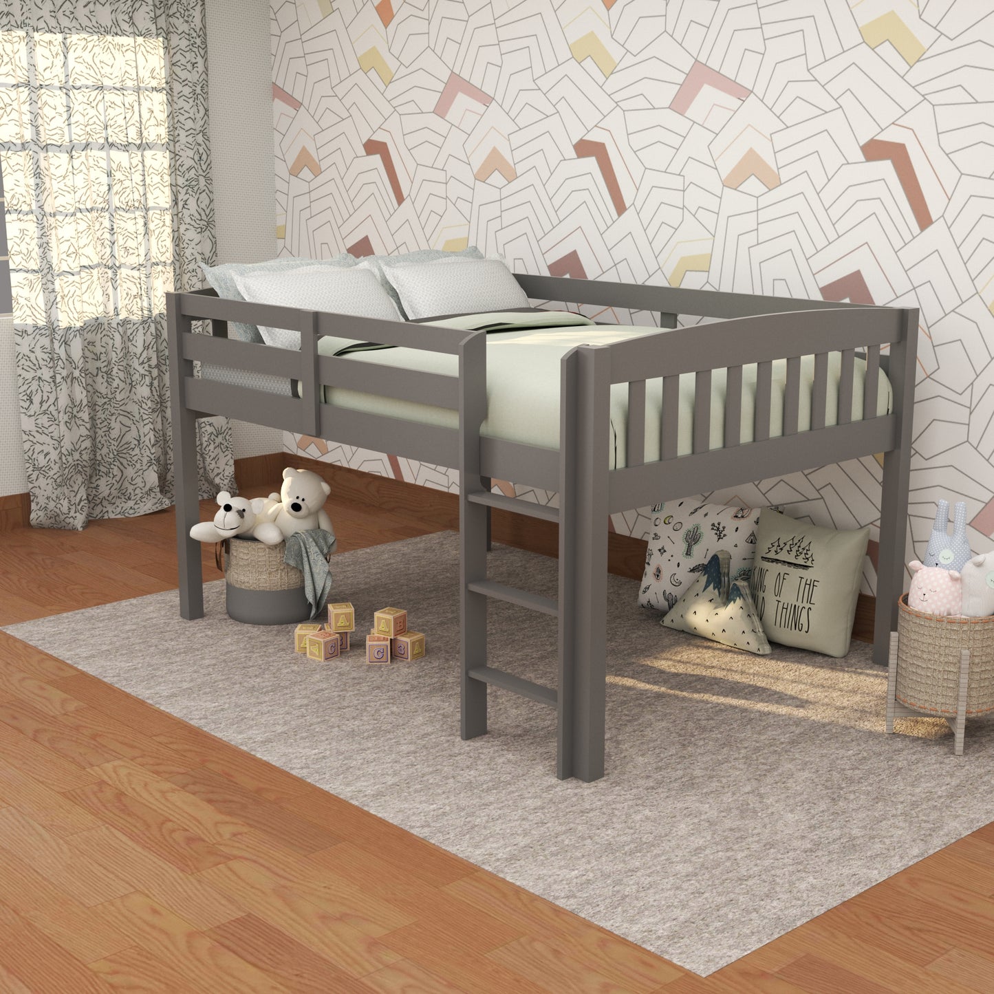 Gray Solid Wood Twin Size Low Loft Bed