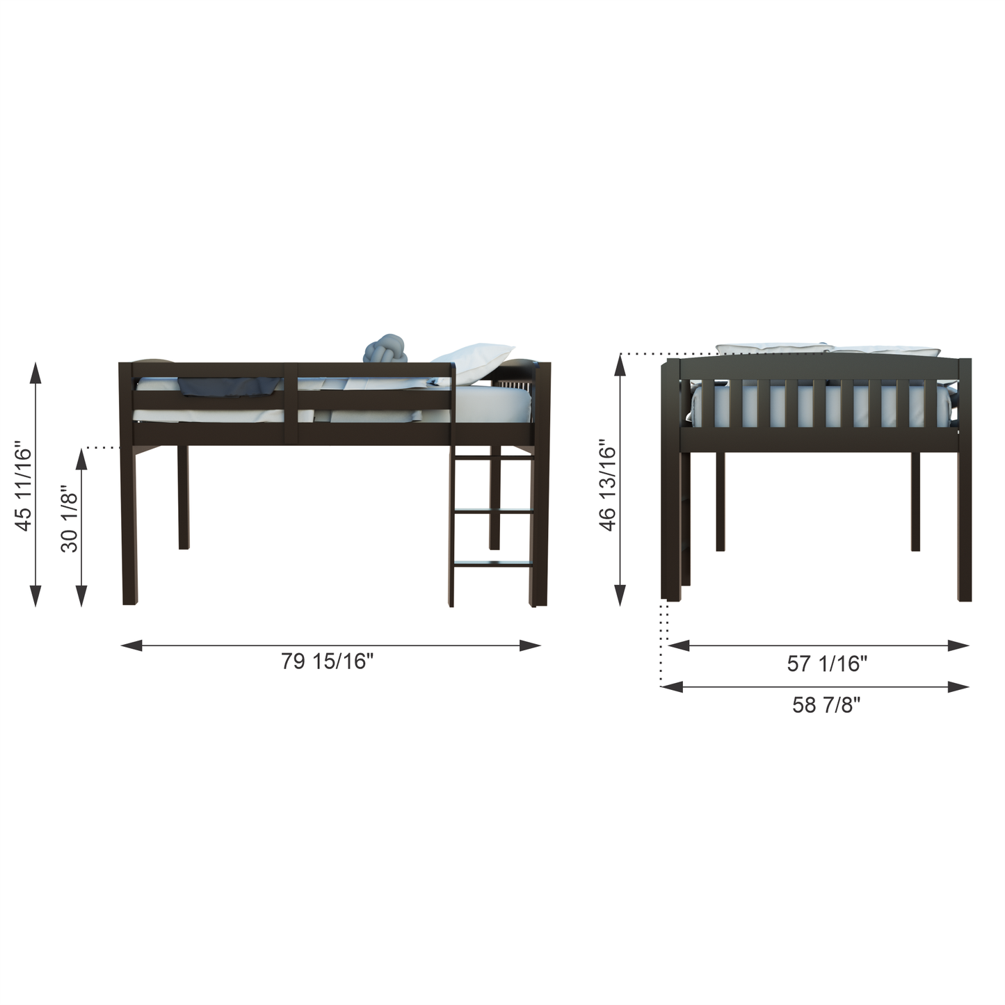 Dark Brown Solid Wood Full Double Size Loft Bed