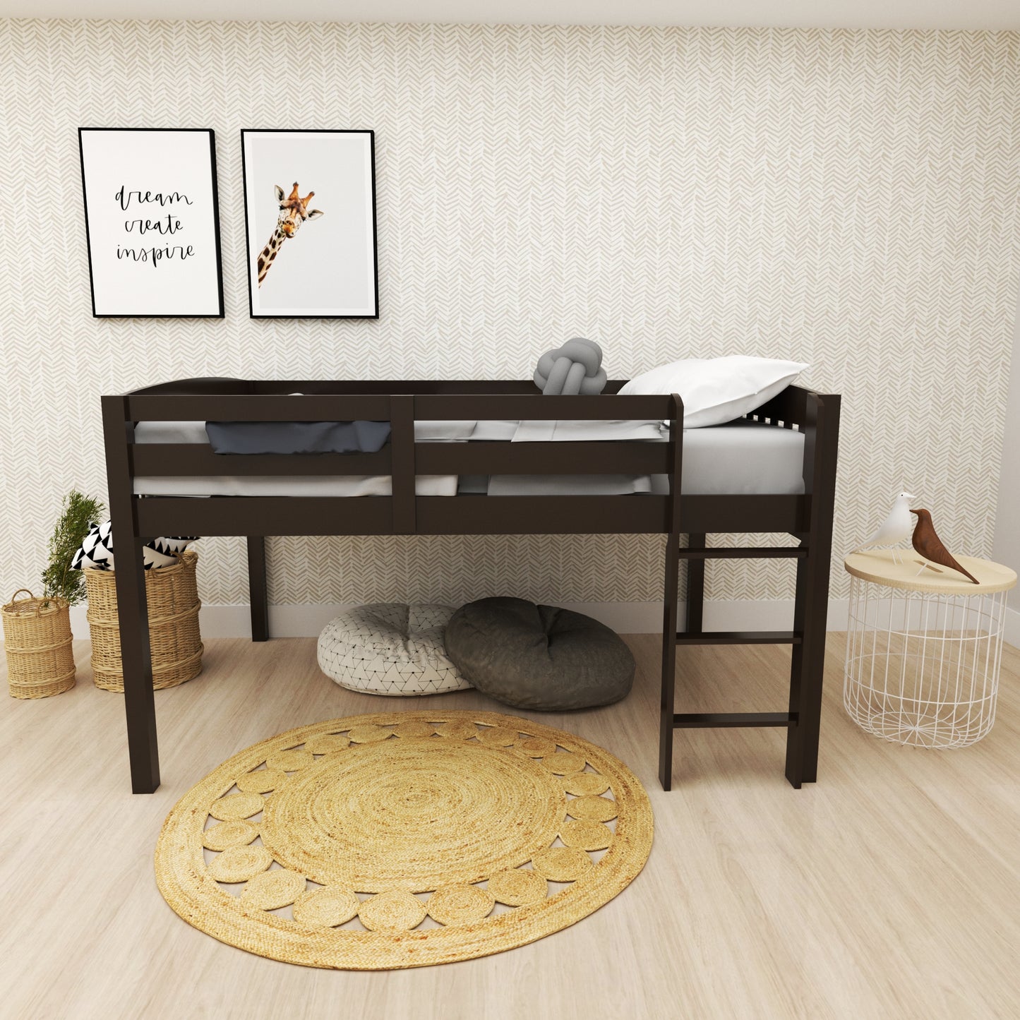 Dark Brown Solid Wood Full Double Size Loft Bed
