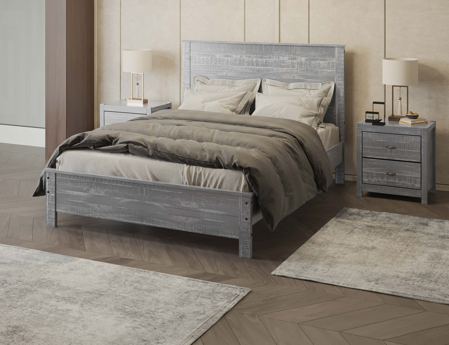 Grey Solid Wood Queen Bed Frame