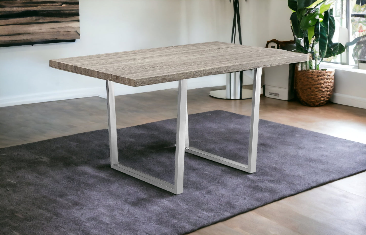 59" Taupe And Silver Metal Dining Table