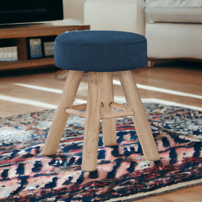 12" Blue Velvet And Natural Round Ottoman