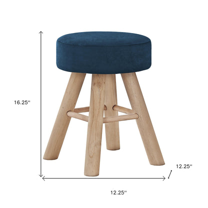 12" Blue Velvet And Natural Round Ottoman
