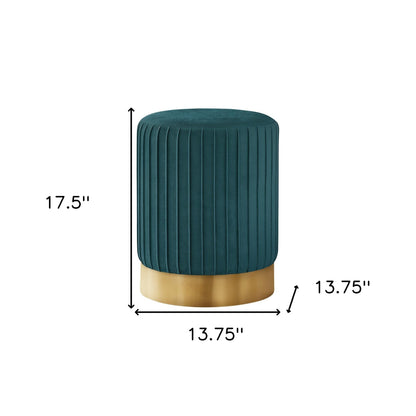 14" Teal Blue Velvet And Gold Round Ottoman