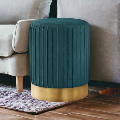 14" Teal Blue Velvet And Gold Round Ottoman