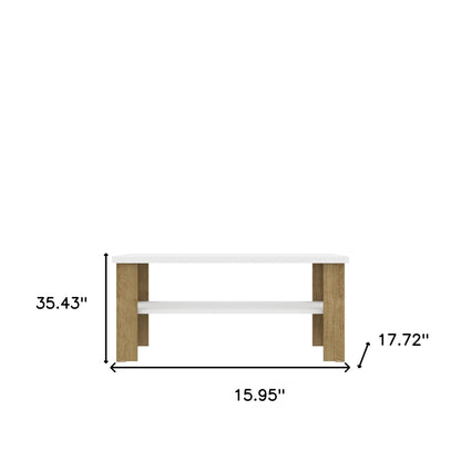 35" White Natural Rectangular Coffee Table With Shelf