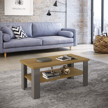 35" Natural Brown Rectangular Coffee Table With Shelf