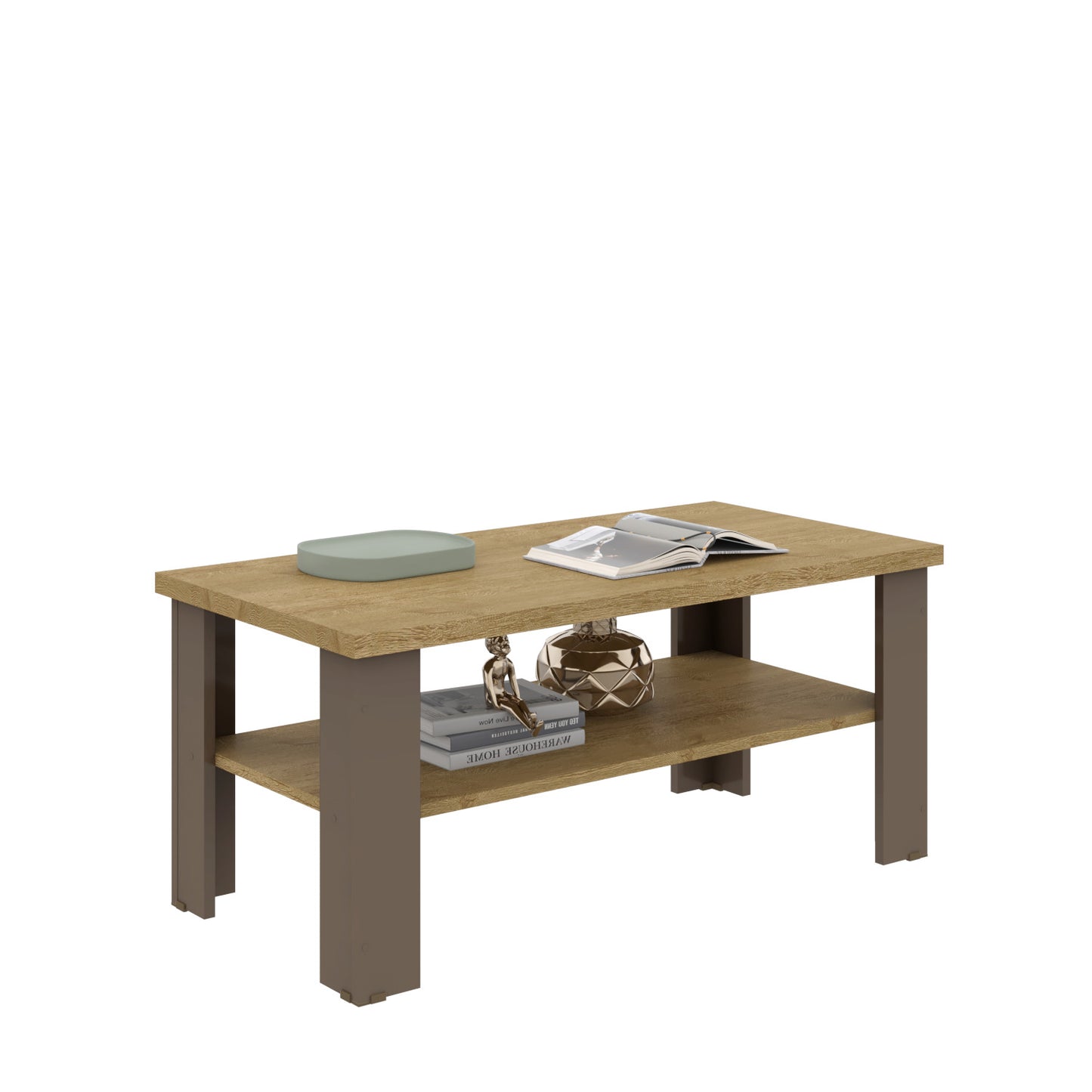 35" Natural Brown Rectangular Coffee Table With Shelf