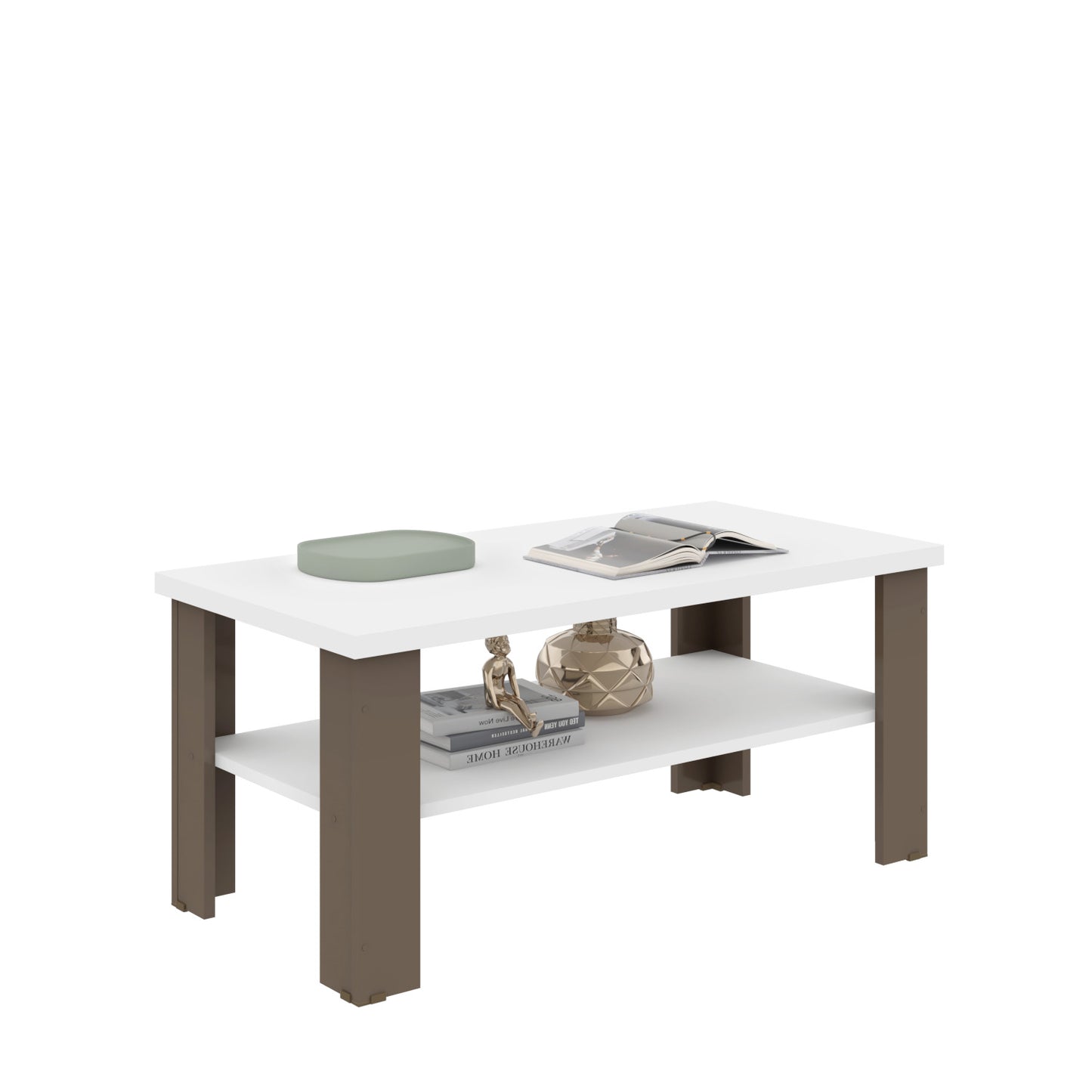 35" White Brown Rectangular Coffee Table With Shelf