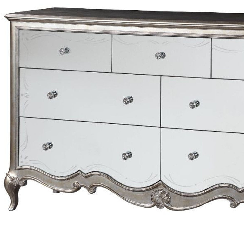 70" Champagne Solid and Manufactured Wood Mirrored Seven Drawer Triple Dresser