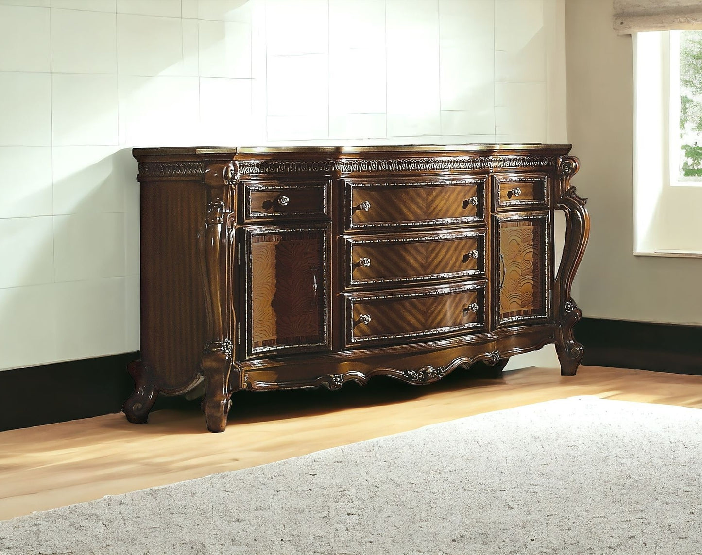 69" Brown Solid and Manufactured Wood Five Drawer Triple Dresser