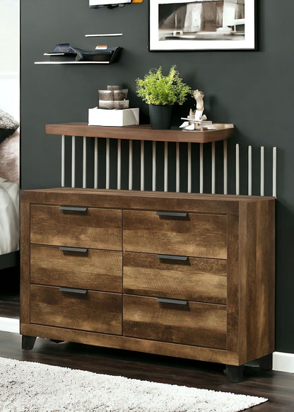 57" Dark Brown Solid and Manufactured Wood Six Drawer Double Dresser