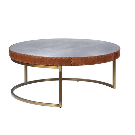 36" Brown And Silver Leather And Metal Round Coffee Table