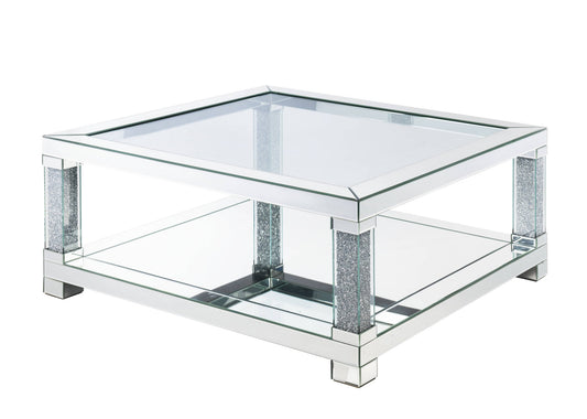 40" Clear And Silver Glass Square Mirrored Coffee Table With Shelf
