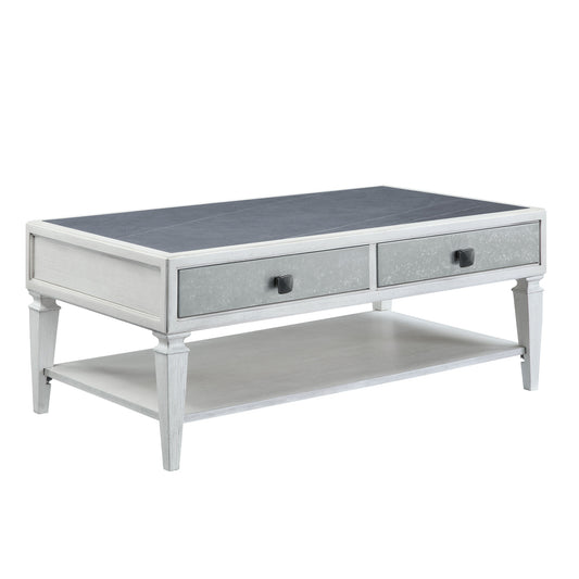 50" Gray And White Sintered Stone Coffee Table With Two Drawers And Shelf