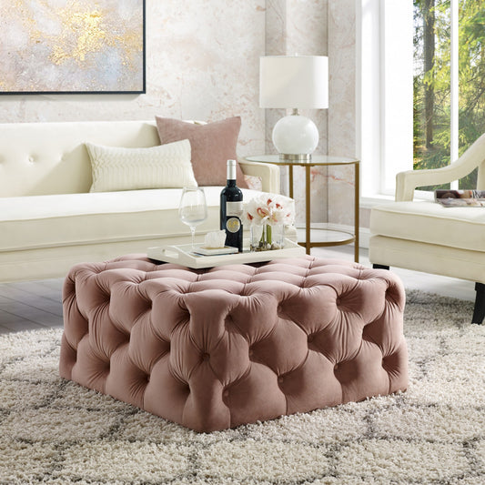 33" White Linen And Black Rolling Tufted Cocktail Ottoman