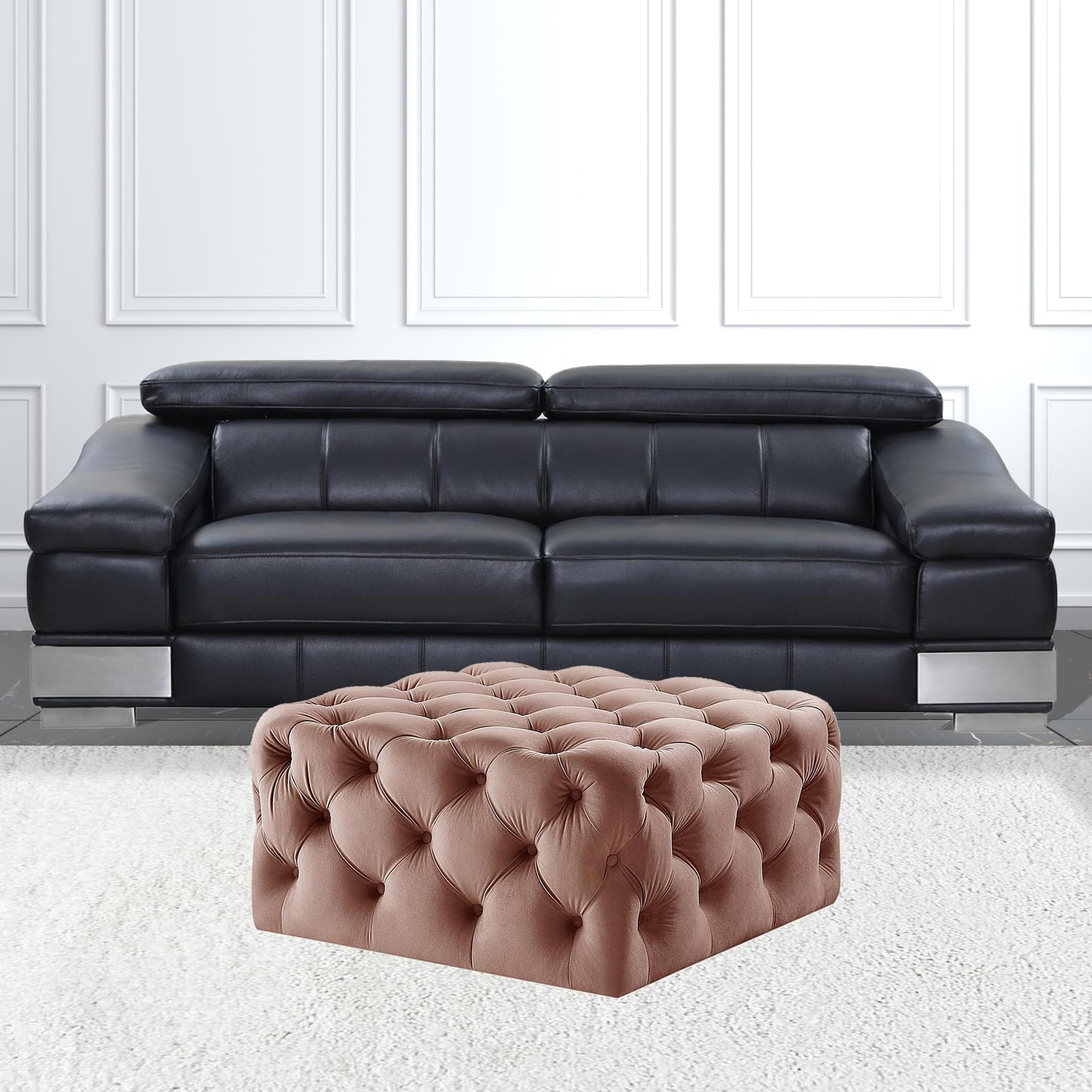 33" White Linen And Black Rolling Tufted Cocktail Ottoman