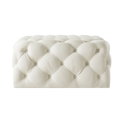 33" White Linen And Black Rolling Tufted Cocktail Ottoman