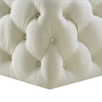 33" White Linen And Black Rolling Tufted Cocktail Ottoman