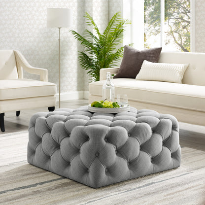 33" White Linen And Black Rolling Tufted Cocktail Ottoman
