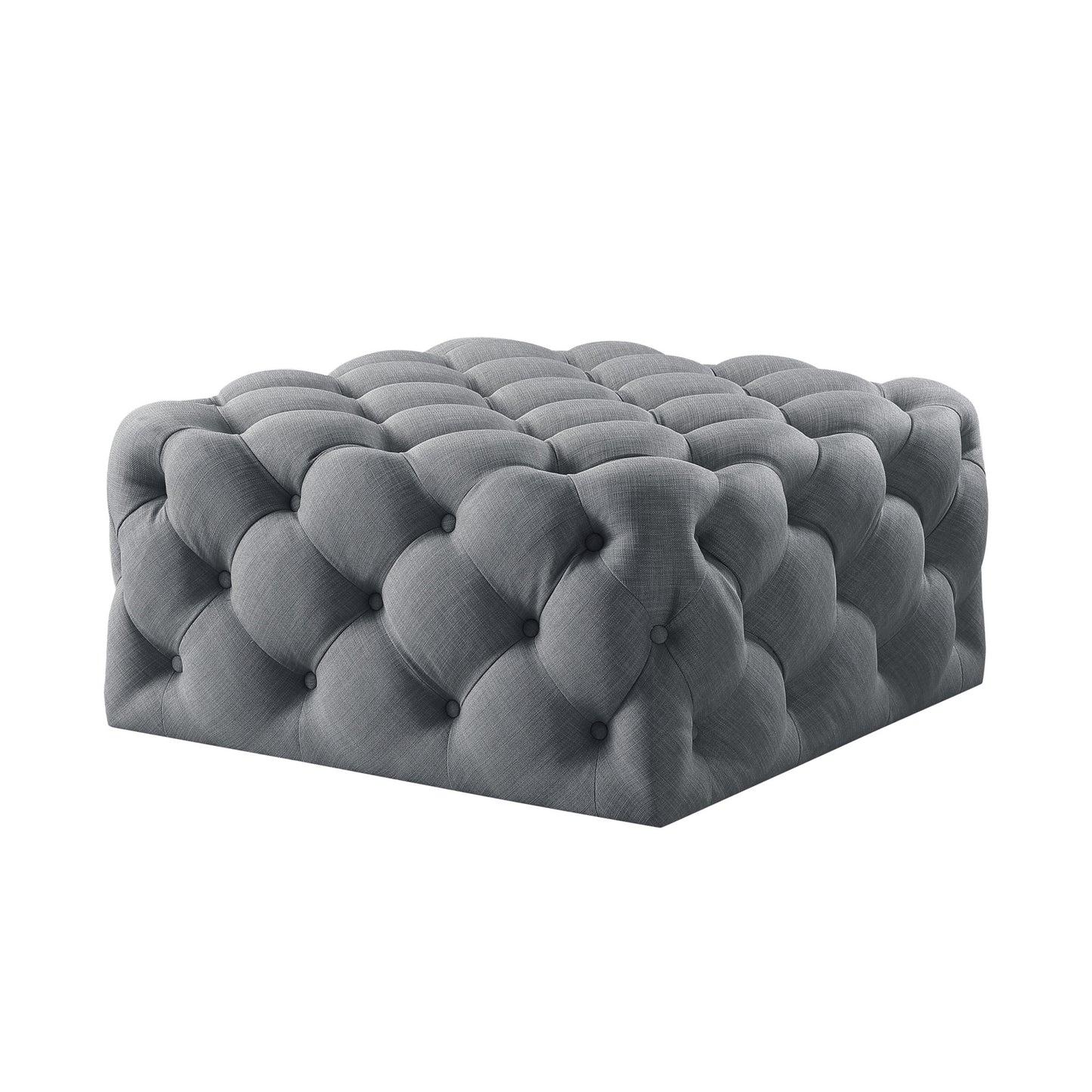 33" White Linen And Black Rolling Tufted Cocktail Ottoman
